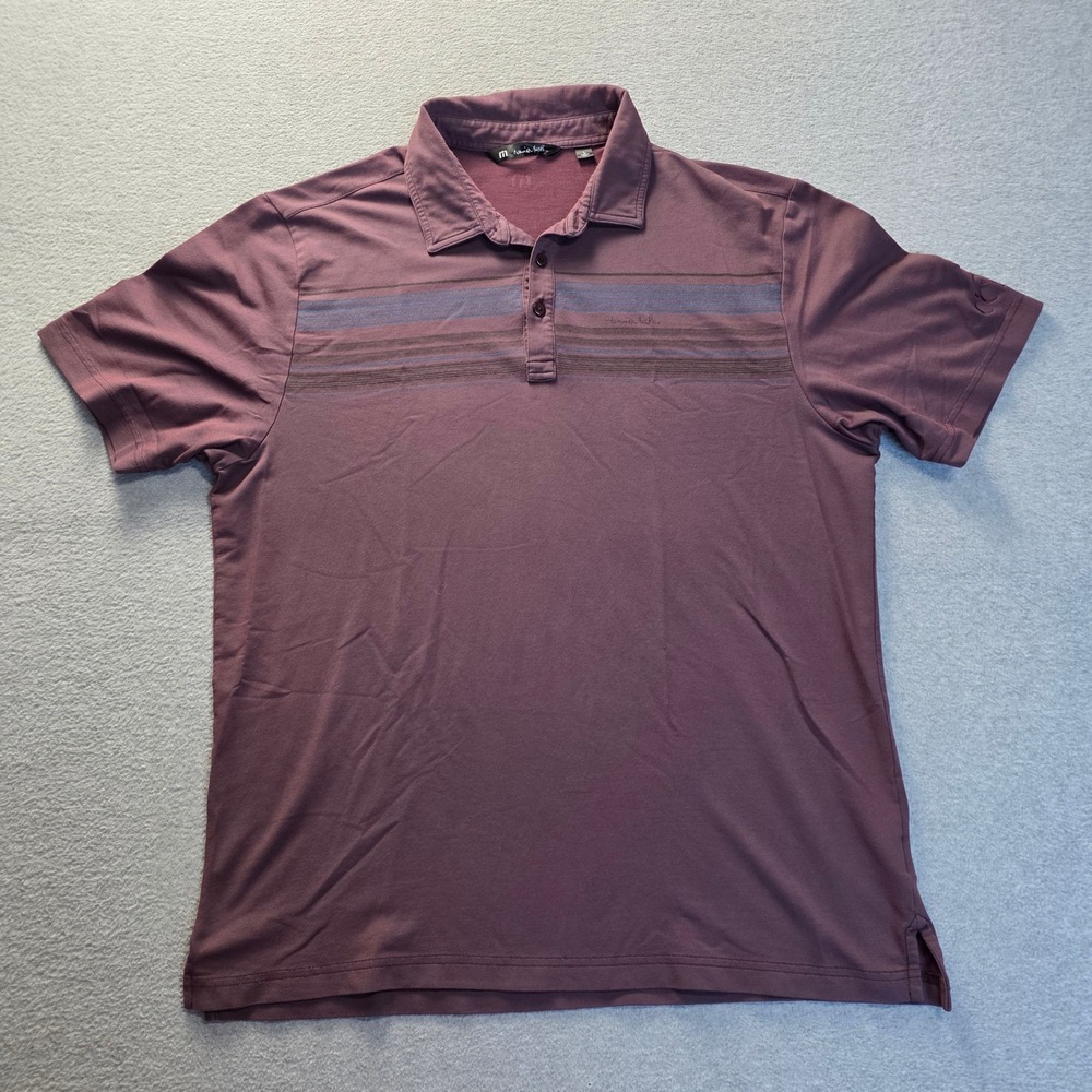 TravisMathew Golf Polo Shirt Mens L Burgundy Striped Performance Short Sleeve